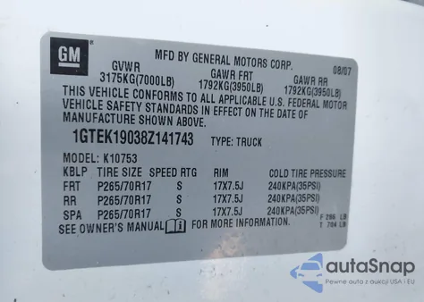 2008 GMC Sierra 1500 Slt z USA, uszkodzony, nr VIN 1GTEK19038Z141743